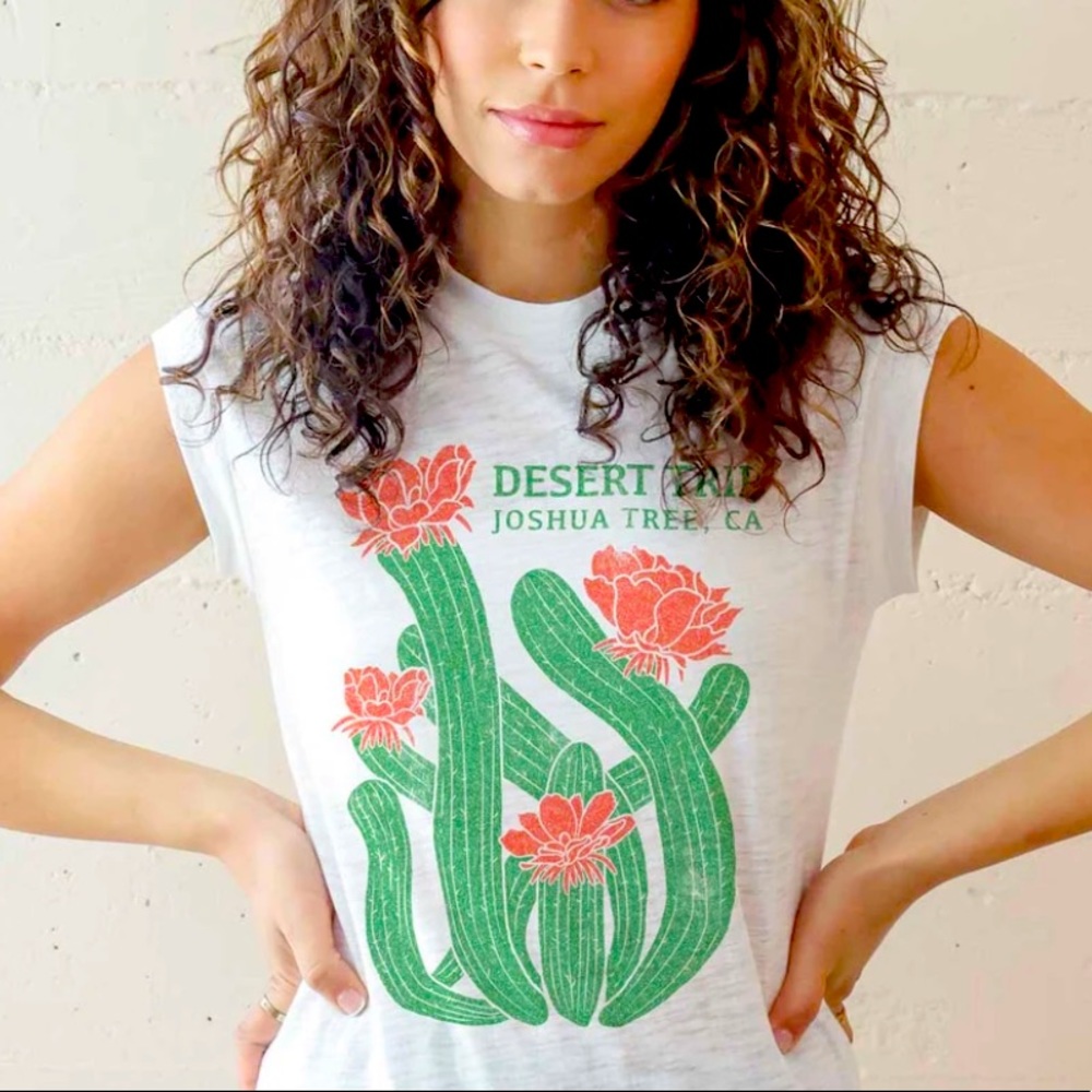 Free People White Crop Top with Green and Red Cactus Print